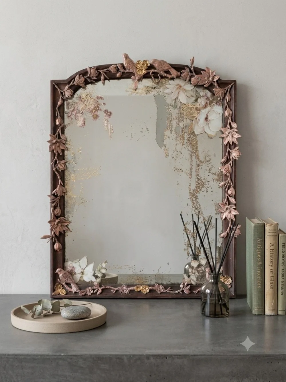 Ornate Floral & Bird Accent Wall Mirror with copper and gold accents